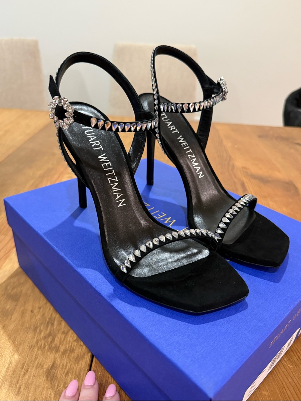 Stuart Weitzman Black Crystal-Embellished Stiletto Sandals